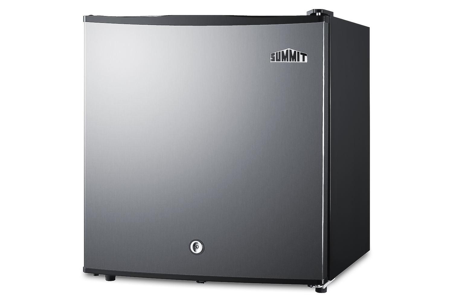 Compact minibar with reversible stainless steel door, front lock, and black cabinet